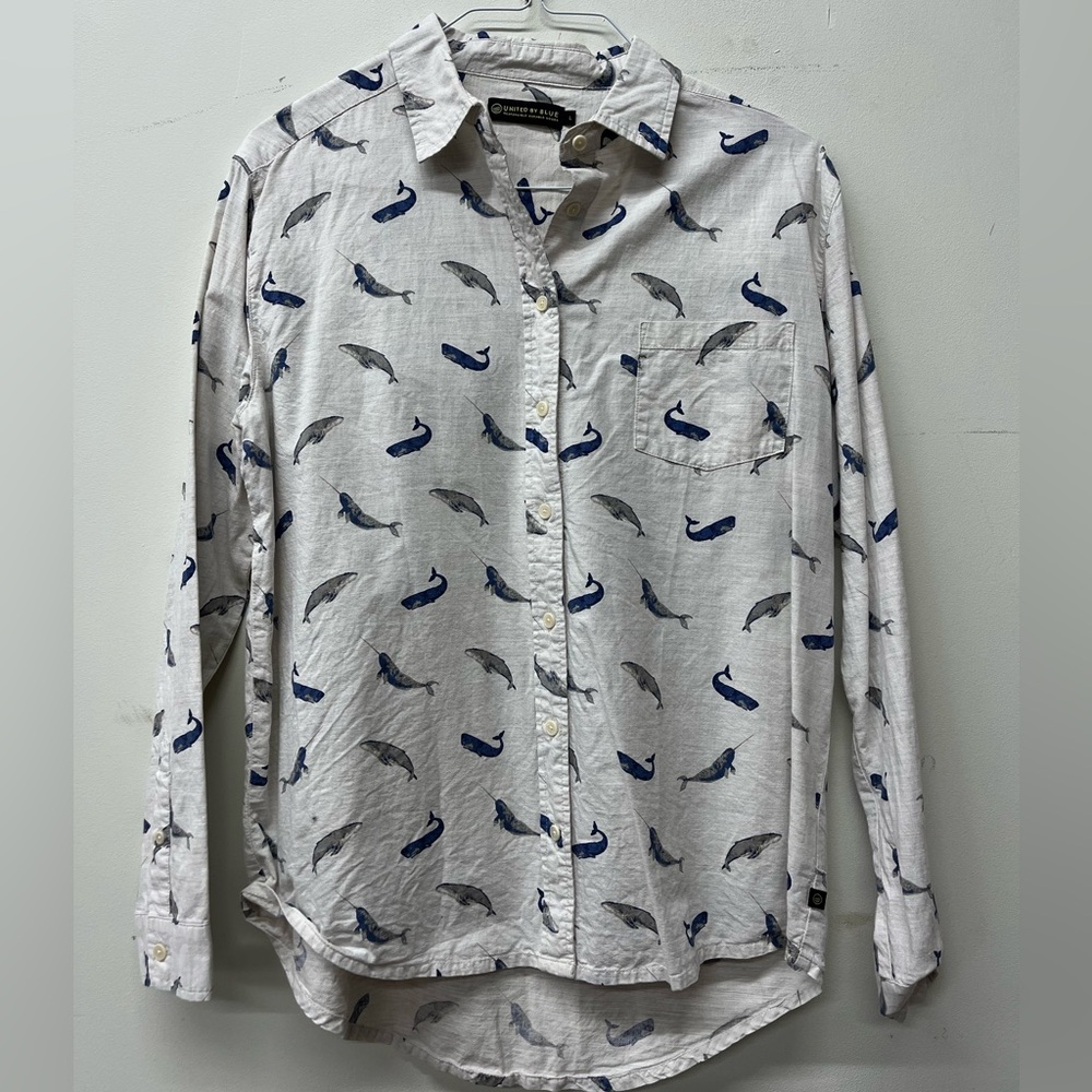 United By Blue Hemp Cotton Narwhal Whale Button Up Shirt Size Large Men’s